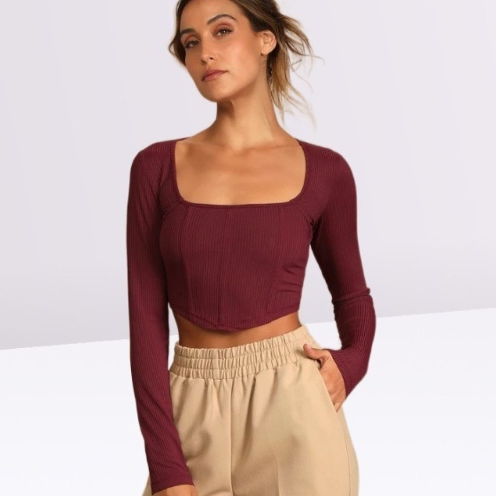 House of Harlow 1960 Wine Long Sleeve Rib Ponte Knit Corset CropTop Sweater M